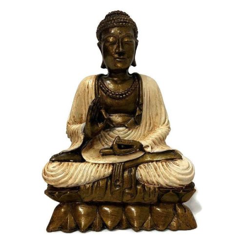 Meditáló Buddha szobor lótuszon – arany-fehér, a belső béke szimbóluma