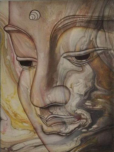 Folyatásos technikával készült alapon Buddha arc festmény