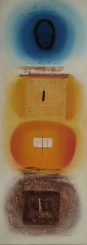 Kék-narancs-barna absztrakt festmény 