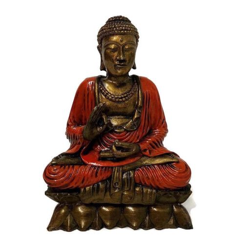 Meditáló Buddha szobor lótuszon – arany-narancs, a belső béke szimbóluma