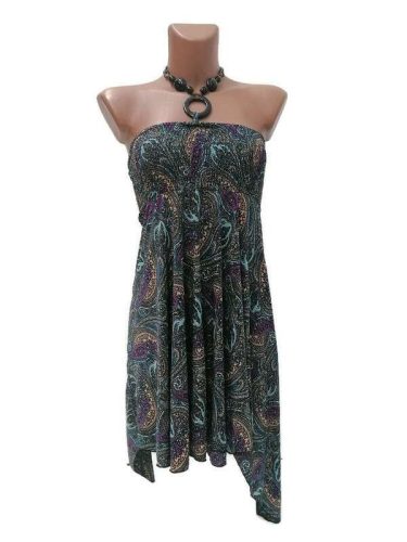 Rövid ruha, elöl rövid, hátul hosszabb fazon türkiz-lila