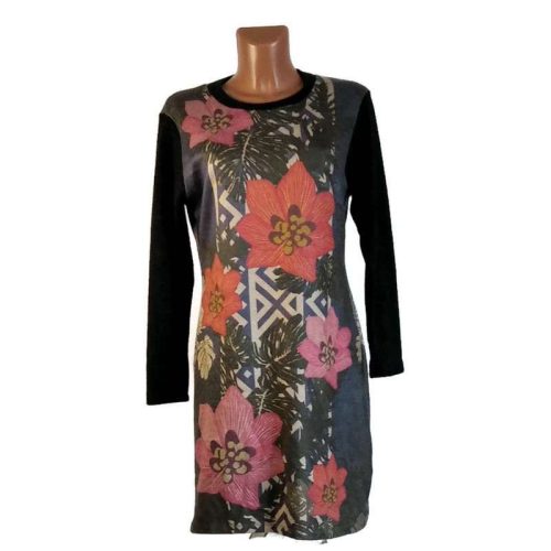 UDG hosszú fekete ujjú ruha, piros-rózsaszín virágos