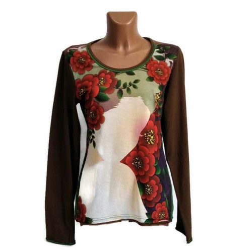 UDG hosszú ujjú felső barna ujjú, női sziluettel díszítve