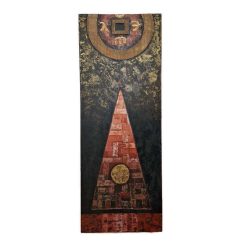   Kézzel festett szerencsepénz és piramis vászonkép – arany körrel és domború motívummal, strukturált akril festmény