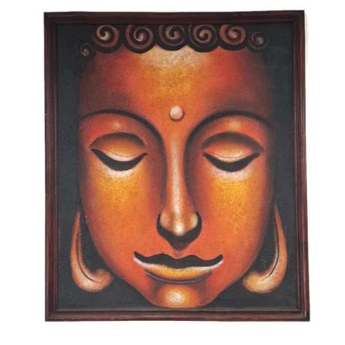 Kézzel festett Buddha arc vászonkép – narancs-sárga árnyalatokkal, fekete háttérrel, fa keretben