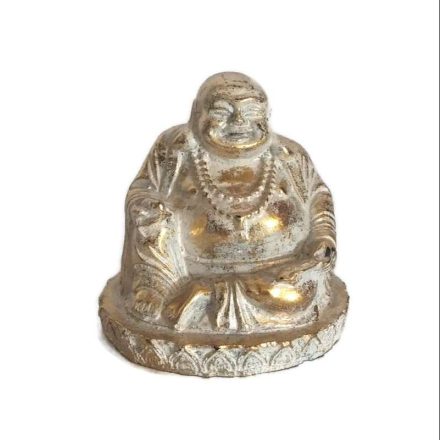 Műgyanta ülő, nevető Buddha antik aranyszín