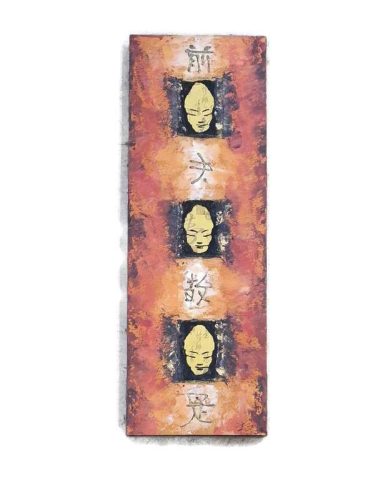 Kézzel festett akril vászonkép – arany Buddha arcok narancs-fekete háttéren