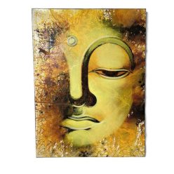   Kézzel festett Buddha arc vászonkép – arany-sárga árnyalatokkal, fekete kontúrral