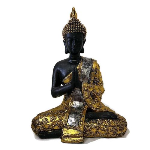 Buddha szobor meditáló pózban virágos ruhában - arany-fekete, meditáció és belső béke szimbóluma