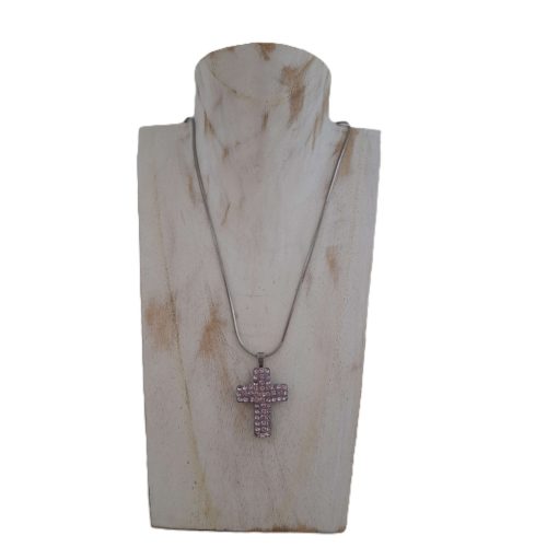 Apró köves kereszt medál lila kristályüveggel – nemesacél foglalatban