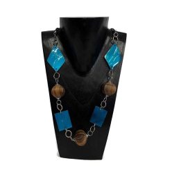   Nyaklánc, női, türkiz rombusz kagyló, szögletes fa gyönggyel