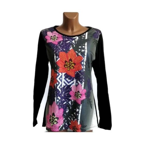 UDG hosszú ujjú felső fekete ujjú, piros-rózsaszín virágos