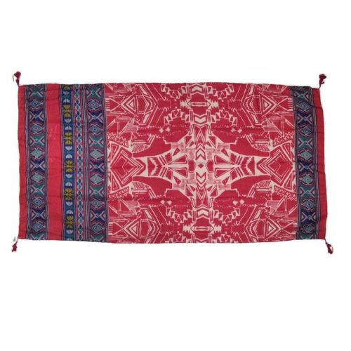 Thai kendő, piros alapon fehér minta, kék sávokkal