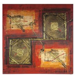   Absztrakt kézzel festett vászonkép – piros-narancs tónusú festmény arany spirálmintákkal négyzetben, akril technikával