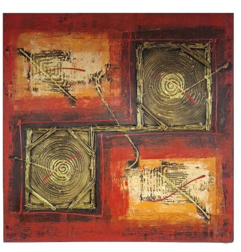 Absztrakt kézzel festett vászonkép – piros-narancs tónusú festmény arany spirálmintákkal négyzetben, akril technikával