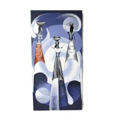   Kézzel festett női alakos vászonkép – absztrakt formák kék, szürke és narancs árnyalatokkal